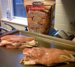 Gluten free chicken cordon bleu...before it's all tasty and appealing and stuff.