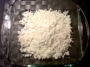 Grated cauliflower after it's been microwaved.